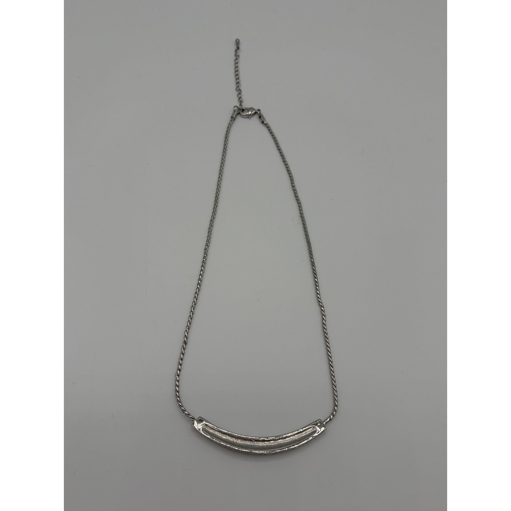 Silver Tone Rhinestone Pavé Curved Bar Pendant Necklace Twisted Rope Chain 16in - Picture 2 of 3